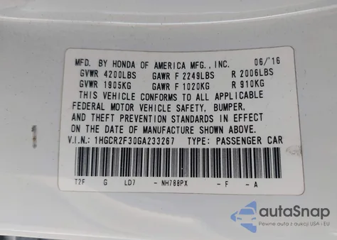 2016 Honda Accord Lx из США, поврежденный, VIN 1HGCR2F30GA233267